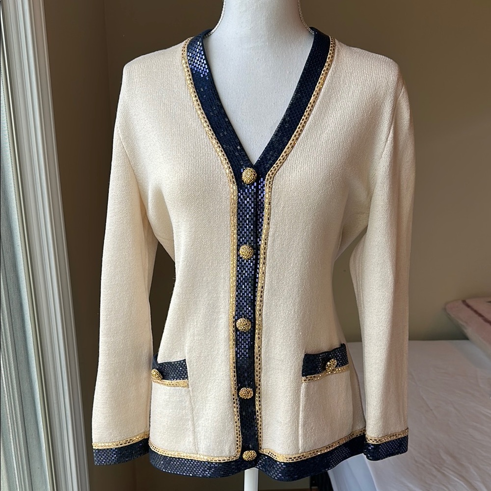 St John Elegant Cream and Sparkly Navy Women's Sweater with gold sparkle trim